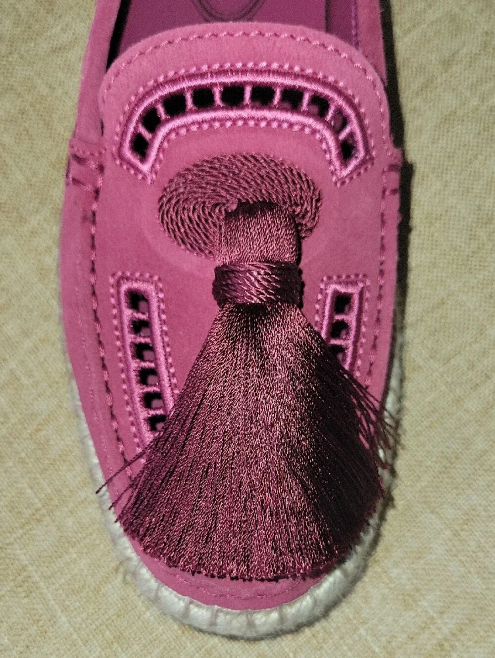 TOD'S Pink Suede Espadrille   Tassel Loafers